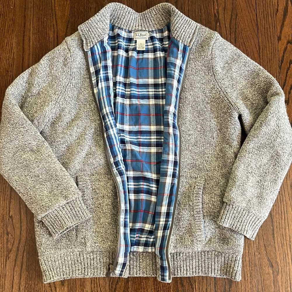 L.L. Bean Men's Gray Cardigan with Blue Plaid Interior